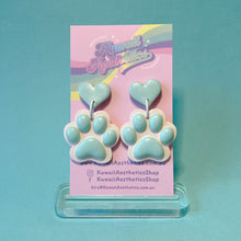 Load image into Gallery viewer, Aqua or purple paw print polymer clay stud earrings