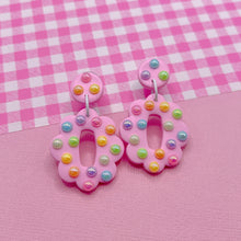 Load image into Gallery viewer, Pastel pink and rainbow oval polymer clay stud earrings