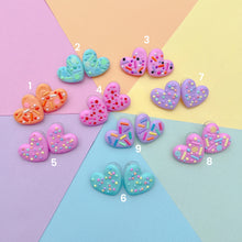 Load image into Gallery viewer, Rainbow frosted sprinkle heart polymer clay stud earrings