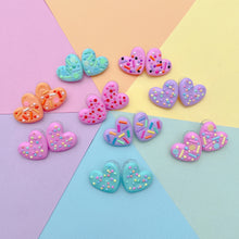 Load image into Gallery viewer, Rainbow frosted sprinkle heart polymer clay stud earrings