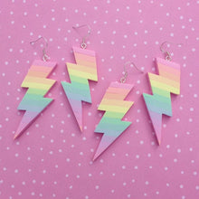 Load image into Gallery viewer, Rainbow striped lightning bolt polymer clay earrings