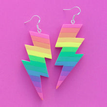Load image into Gallery viewer, Rainbow striped lightning bolt polymer clay earrings