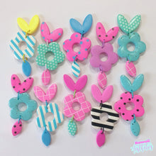 Load image into Gallery viewer, Aqua and pink patterned flower and leaf polymer clay stud earrings