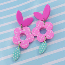 Load image into Gallery viewer, Aqua and pink patterned flower and leaf polymer clay stud earrings
