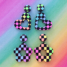 Load image into Gallery viewer, Black and rainbow checked heart polymer clay stud earrings