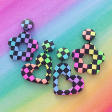 Load image into Gallery viewer, Black and rainbow checked heart polymer clay stud earrings