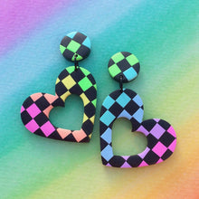 Load image into Gallery viewer, Black and rainbow checked heart polymer clay stud earrings