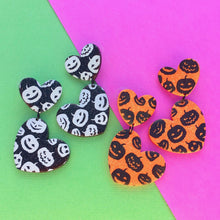 Load image into Gallery viewer, Black and white pumpkin print heart polymer clay stud earrings