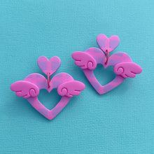 Load image into Gallery viewer, Pink and purple striped heart polymer clay stud earrings