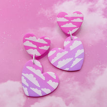 Load image into Gallery viewer, Pink and purple ombré cloud print heart polymer clay stud earrings