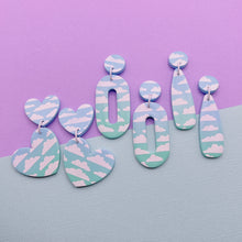 Load image into Gallery viewer, Blue and aqua ombré cloud print oval polymer clay stud earrings