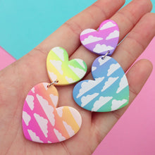 Load image into Gallery viewer, Rainbow ombré cloud print heart polymer clay stud earrings