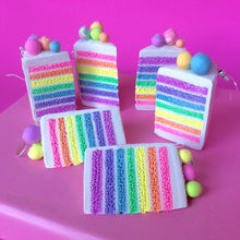 Load image into Gallery viewer, Rainbow cake slice polymer clay earrings
