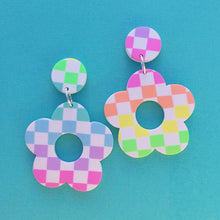 Load image into Gallery viewer, White and rainbow checked flower polymer clay stud earrings
