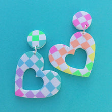 Load image into Gallery viewer, White and rainbow checked heart polymer clay stud earrings
