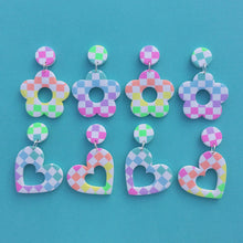 Load image into Gallery viewer, White and rainbow checked flower polymer clay stud earrings
