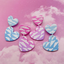 Load image into Gallery viewer, Pink and purple ombré cloud print heart polymer clay stud earrings
