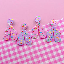 Load image into Gallery viewer, Pink and purple polka dot arch polymer clay stud earrings
