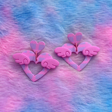Load image into Gallery viewer, Pink and purple striped heart polymer clay stud earrings

