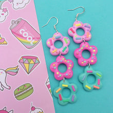 Load image into Gallery viewer, Pink and aqua frosted flower polymer clay earrings
