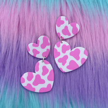 Load image into Gallery viewer, Pink and white cow print heart polymer clay stud earrings
