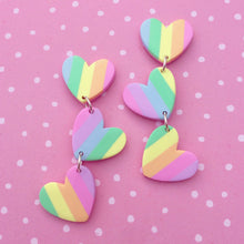 Load image into Gallery viewer, Pastel rainbow striped multi hearts polymer clay stud earrings
