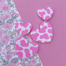 Load image into Gallery viewer, Pink and white cow print heart polymer clay stud earrings

